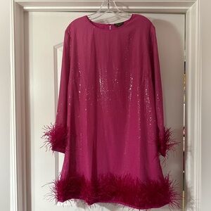Anthropologie Pink Sequin Dress with Feather Trim